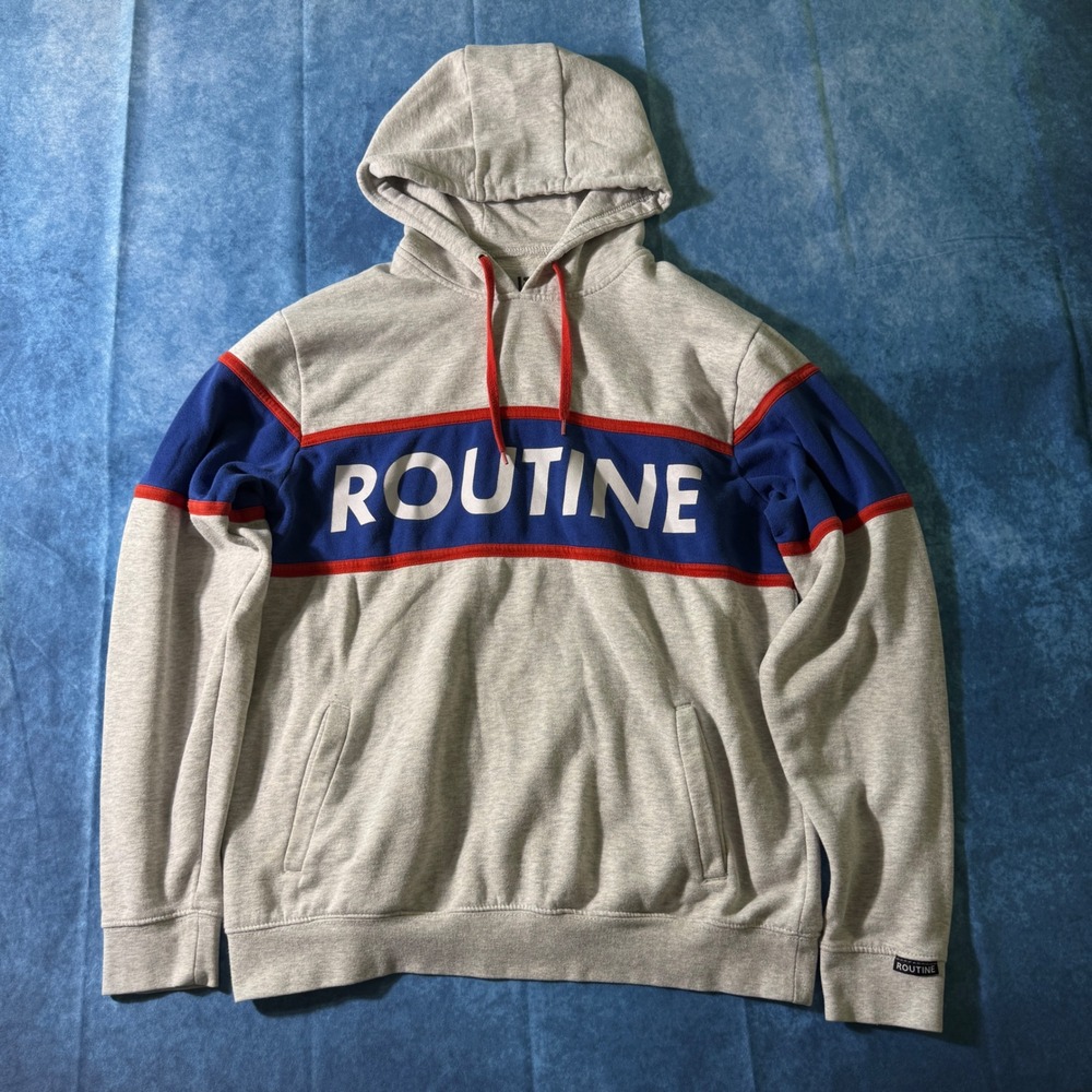 Streetwear Routine Colorblock Graphic Hoodie Gray Blue Red Large